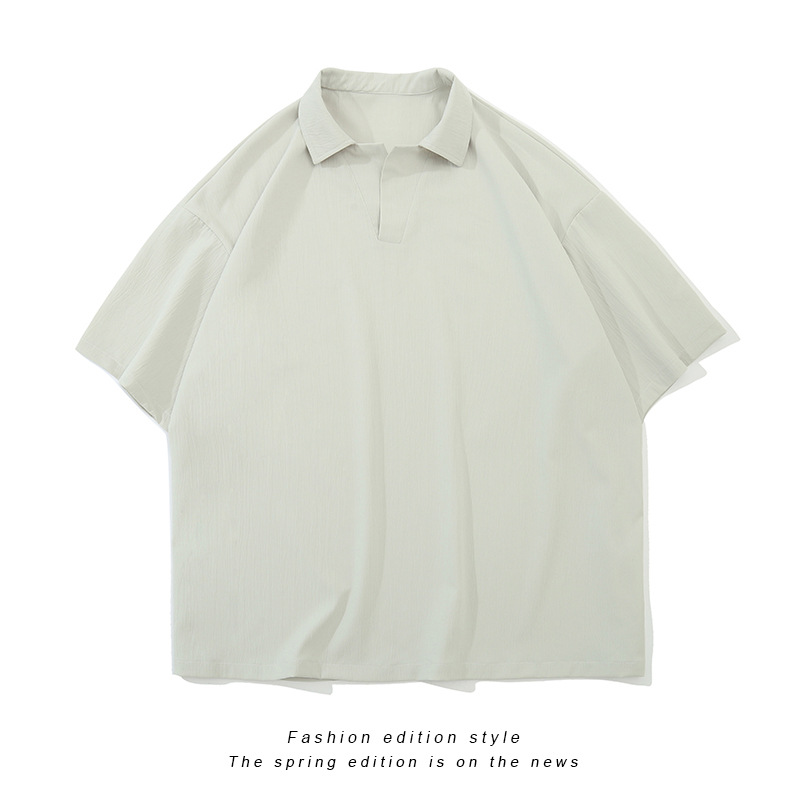 2023 new men's solid color lapel short sleeve T-shirt basic simple wind loose plus size casual youth T-shirt men