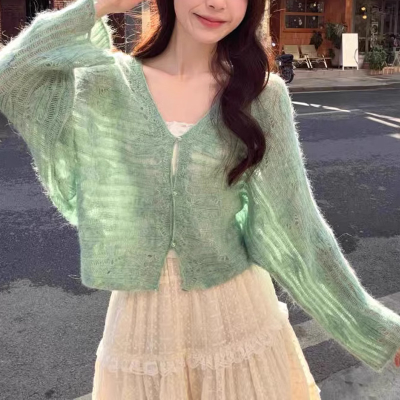 Kaning Autumn Thin Hollow-Out Green Knitted Cardigan for Women 2026 New Style Outfit V-Neck Sun Protection Top