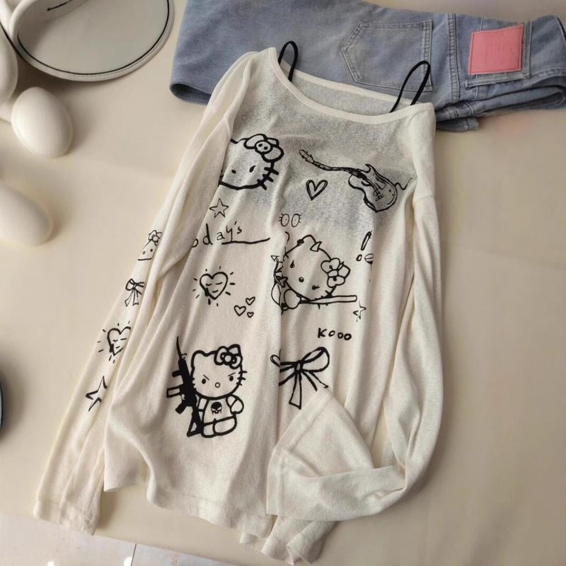 Lazy Slant Shoulder Kitty Long-Sleeved T-Shirt Women's Spring Design Sense Niche Inner Loose Thin Base Blouse Top Lazy Slant Shoulder Kitty Long-Sleeved T-Shirt Women's Spring Design Sense Niche Inner Loose Thin Base Blouse Top