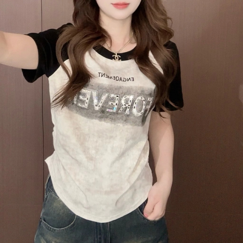Plus Size Summer New Rhinestone Print Retro Color-Block Short-Sleeve T-Shirt for Women, Flattering and Tummy-Concealing Top Trendy 120kg