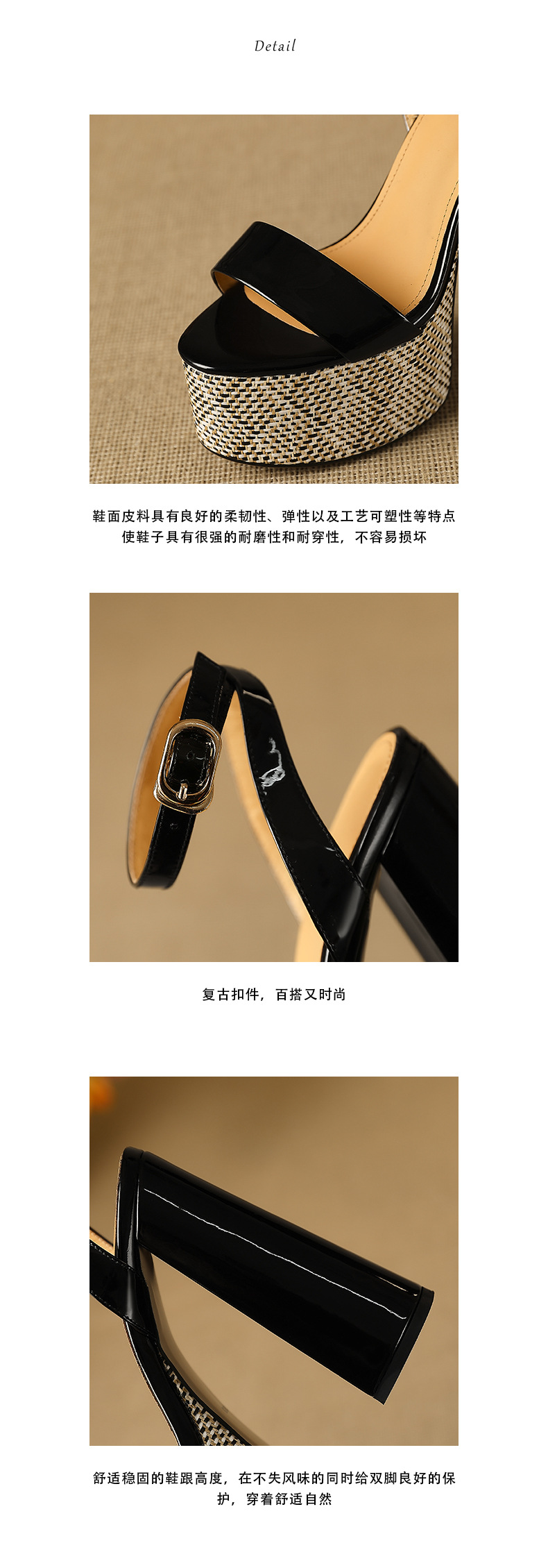 Sandal hở mũi một dây Yichuan da thật gót vuông cao 9 cm — đen chi tiết 4