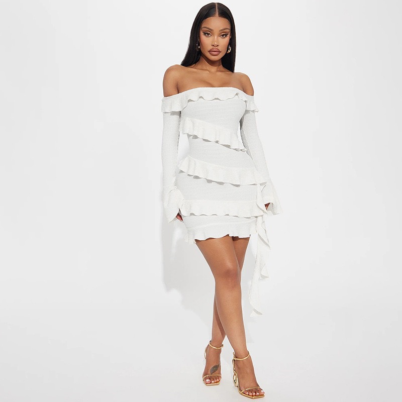 2024 otoño de ropa de mujer europea y americana nuevos productos de moda manga larga manga de cuerno una palabra hombro borde de loto corta vestido corto image 8