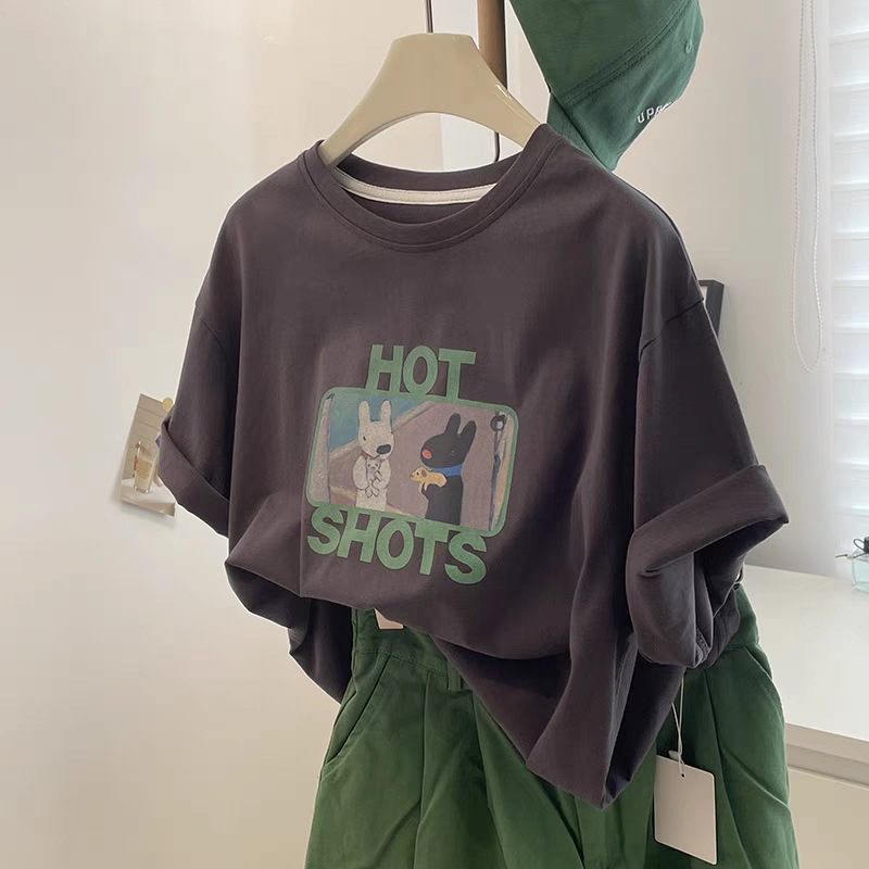 Pure Cotton Printed oversize Casual Short-sleeved T-shirt Women's Summer Loose Large Size Women's Clothing Couple's Half-sleeved Top