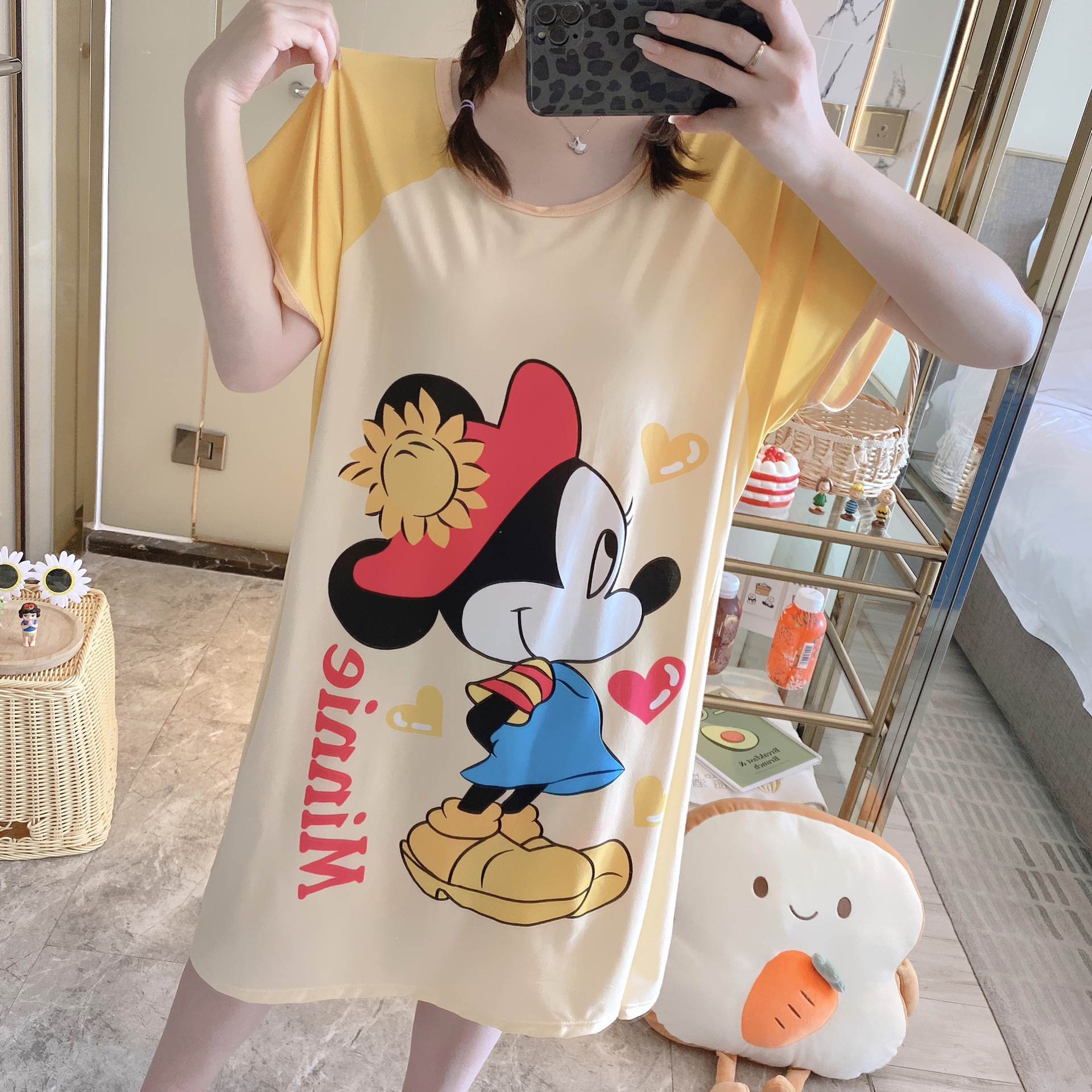 Sudeste asiático barato camisón flojo de las mujeres más tamaño Delgado verano dibujos animados manga corta pijamas inicio desgaste camisón puesto