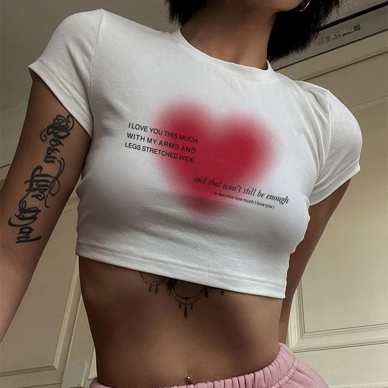 2025 New Summer Women's Sexy Slim Fit Versatile Printed Heart English Short T-Shirt Top 2025 New Summer Women's Sexy Slim Fit Versatile Printed Heart English Short T-Shirt Top