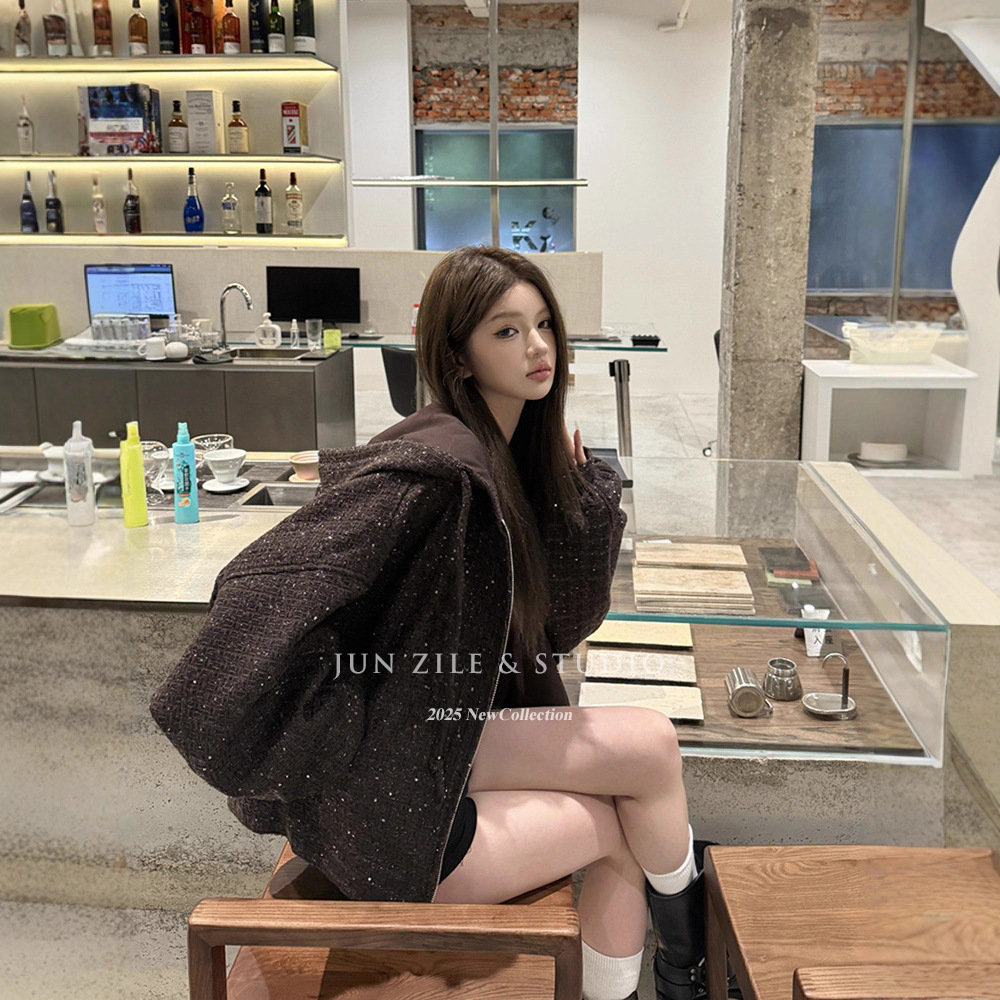 Tweed Hooded Jacket with Loose Design, Retro Slimming Look Zipper Top, Autumn New Style Woolen Jacket for Women