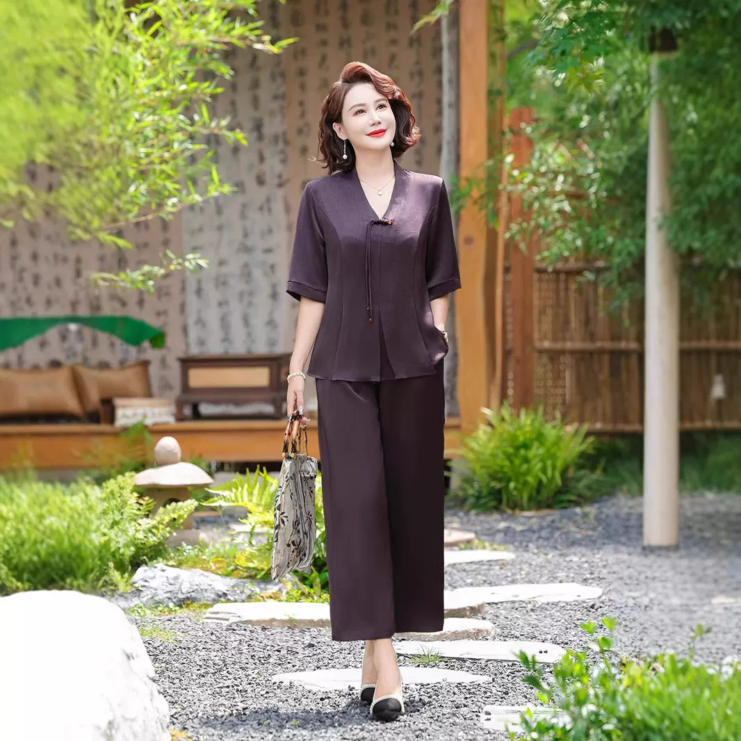 2025中年妈妈夏装新款国风两件套洋气中老年女新中式时尚大码套装