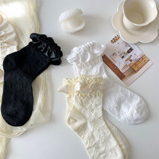 Mid-tube socks for children spring and summer lolita sweet ribbon solid color bubble lace women's socks jk wind lolita hemp pattern