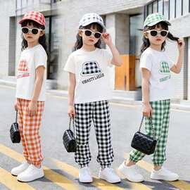 夏季新款韩版小女孩时髦长裤运动服女童短袖格子裤套装儿童两件套