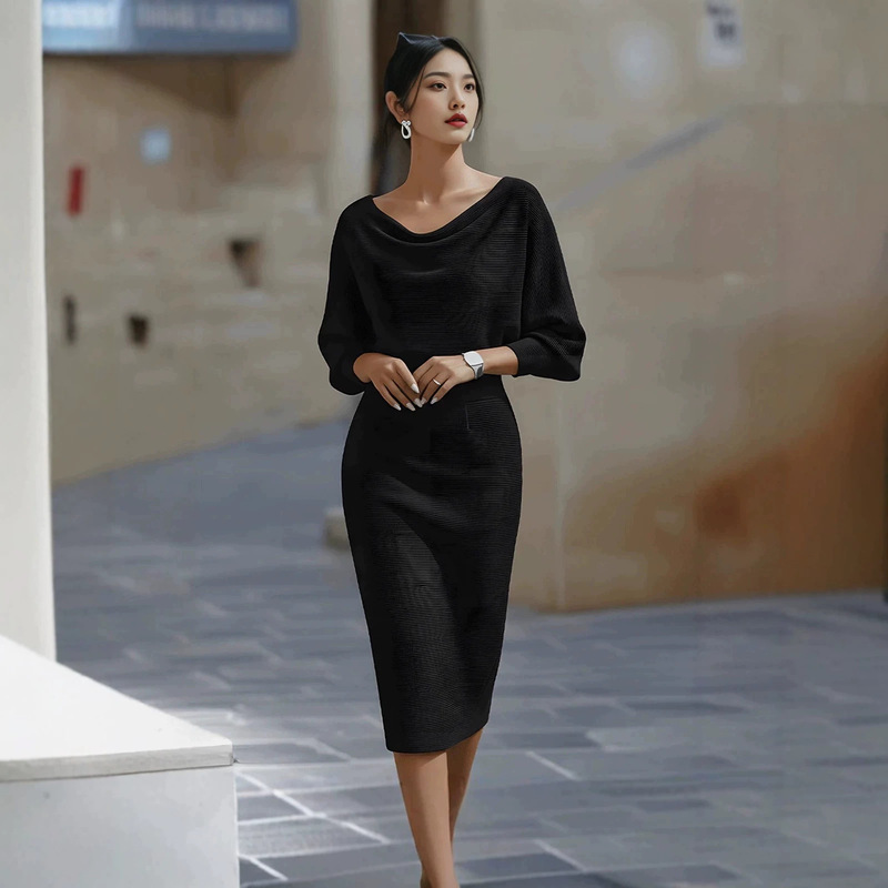 European and American New Style Draped Batwing Sleeve Mid-Length Dress, Loose Fit, Flattering, Suitable for Work and Vacation, Women's Long Dress, Wholesale from Manufacturer European and American New Style Draped Batwing Sleeve Mid-Length Dress, Loose Fit, Flattering, Suitable for Work and Vacation, Women's Long Dress, Wholesale from Manufacturer