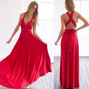 2025 New Cross-Border European and American Pure Color Multi-Wear Sexy Strappy Red Dress Long Skirt Dress Bridesmaid Dress