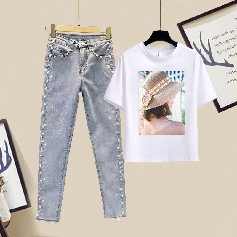 Jeans suit women's new summer 2024 Korean style design printed T-shirt top high waist pencil pants women