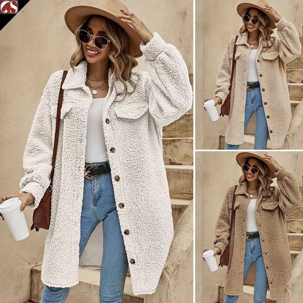 2025 Foreign Trade Winter Cross-Border Amazon New Style Button-Down Plush Coat, Loose and Elegant Long Coat for Women