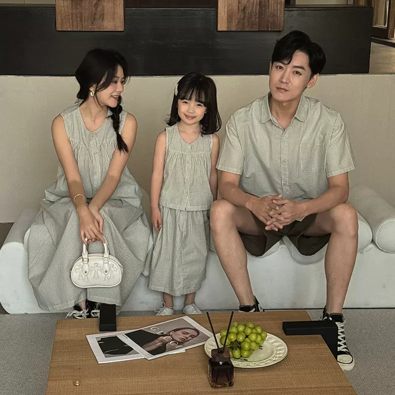 韩国童装男女童亲子装套装2024新款夏装轻薄条纹衬衫两件套家庭装