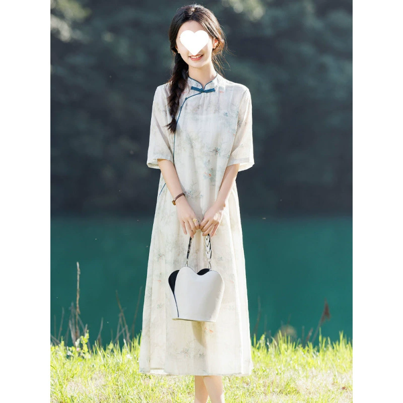 Новое высококачественное платье в китайском стиле с косыми лацканами в национальном стиле, летнее платье средней длины, новый стиль, слегка толстое платье, нежная длинная юбка