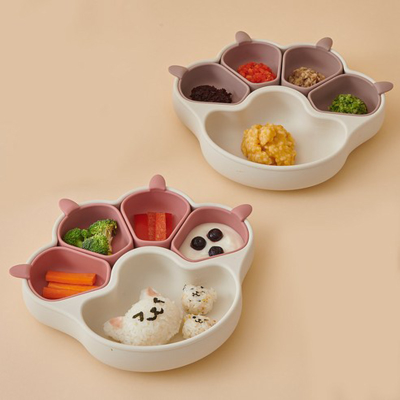 Amazon Cat Paw Dinner Plate with Lid, Feeding Utensils, Children's Products, Anti-Fall Complementary Food Divided Suction Bowl, Silicone Dinner Plate