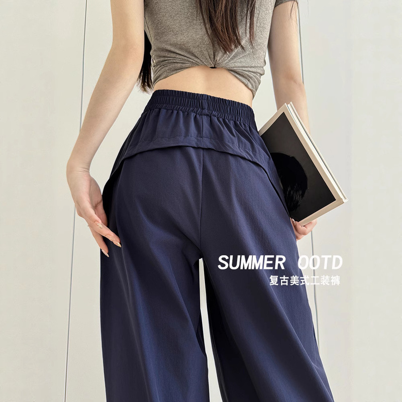 藏青色速干工装裤女夏季薄款2025新宽松直筒休闲美式阔腿运动裤|undefined