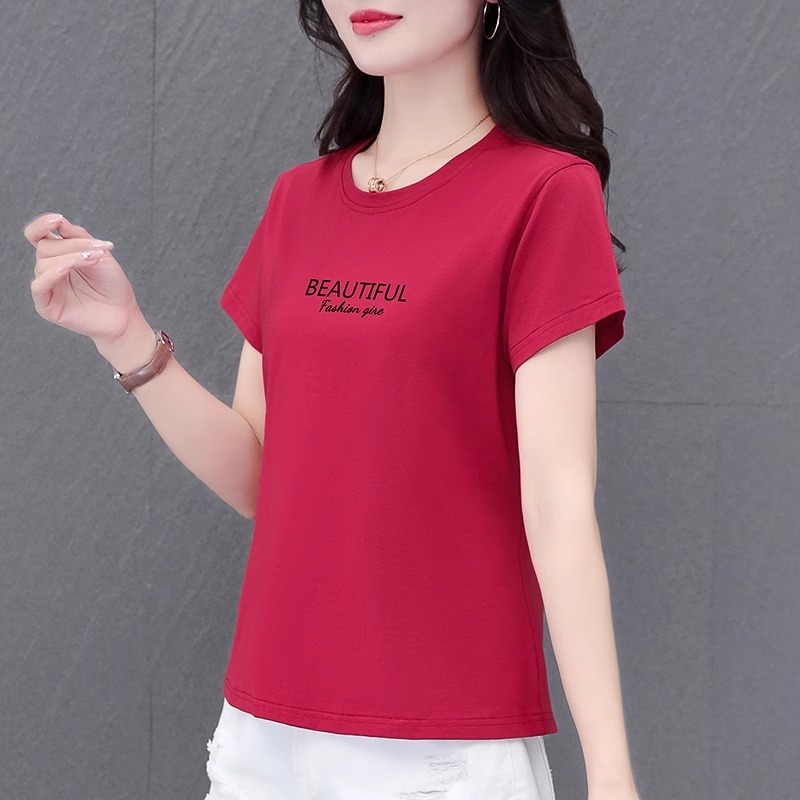 純綿半袖Tシャツレディース夏服2025新スタイル外国風年齢軽減中年ママゆったり痩身トップス|undefined