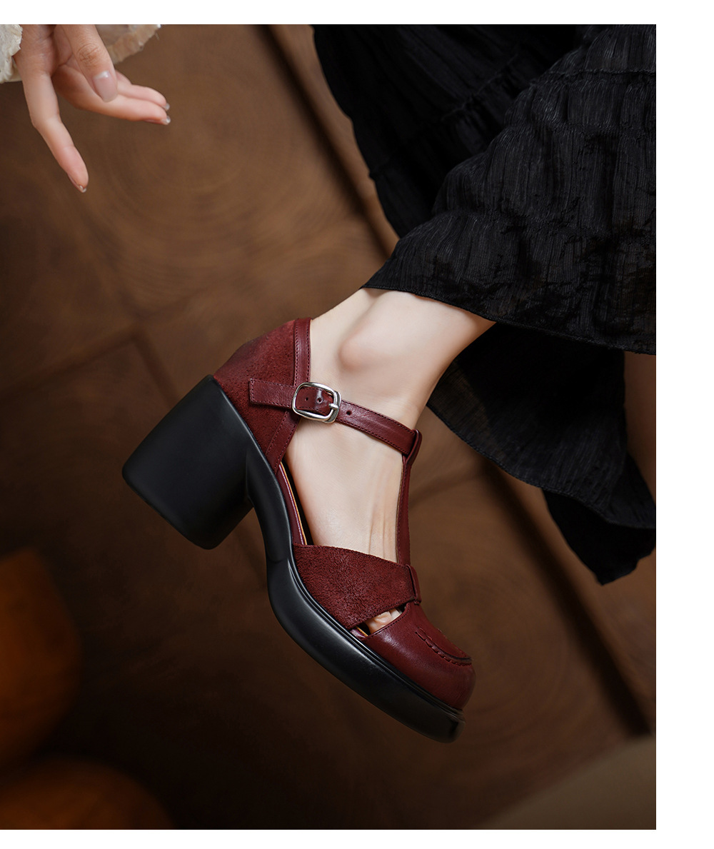 Sandal nữ cao gót mũi nhọn quai chữ T da bò, gót 8 cm — đen chi tiết 9