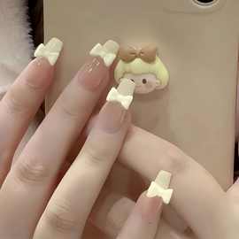 美甲贴甲片成品可拆卸穿戴式指甲贴奶黄蝴蝶结长款穿戴甲