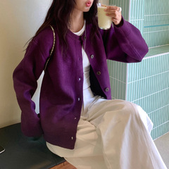 BESOBE同款 超显白紫色毛衣开衫外套女秋季休闲宽松针织开衫上衣