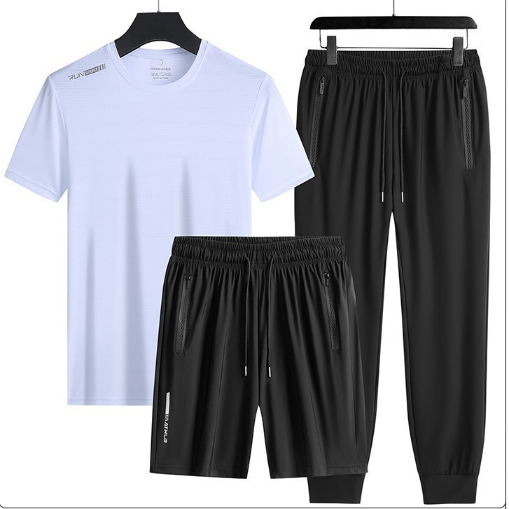 Trajes deportivos transfronterizos para hombres de verano de seda de hielo de manga corta de mediana edad, pantalones rectos para padres de tres piezas de secado rápido