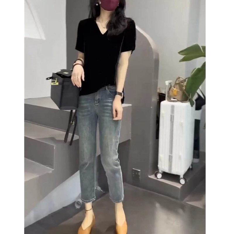 23600大爱美依缘2025早秋新款宽松V领T恤时尚九分烟管裤显瘦洋气|undefined