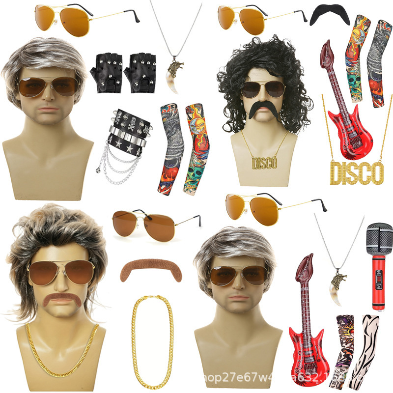 Small Curly Hair Guitar Tattoo Sleeves Gloves Beard Wig Set Heavy Metal Punk Rock Suitable for Cross-Border Shipping