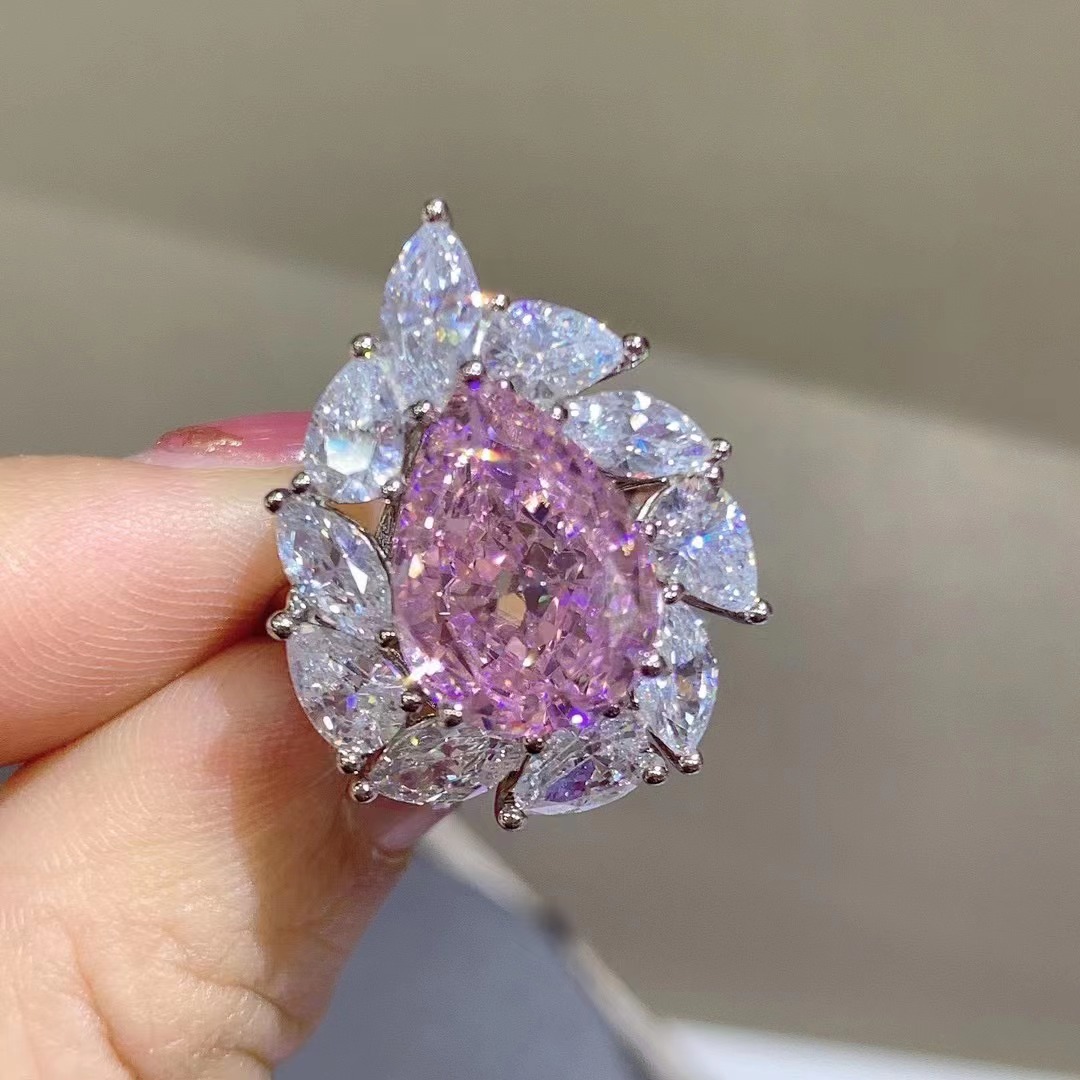 Anillo de diamante de alto carbono importado de plata esterlina con incrustaciones de 6 quilates VVS nivel en forma de gota corte Rosa anillo de diamante de alto carbono