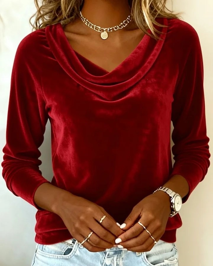 Women's Clothing Velvet Cowl Neck Long Sleeve T-Shirt, Elegant Solid Color Top For Casual And Evening Wear_ecoleips.com
