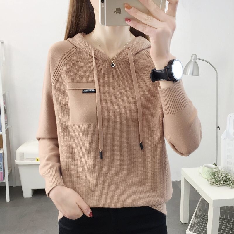 2023 spring collection: new fashionable knitted sweater, hooded sweatshirt, loose-fitting sweater, fleece-lined base layer, stylish top for women