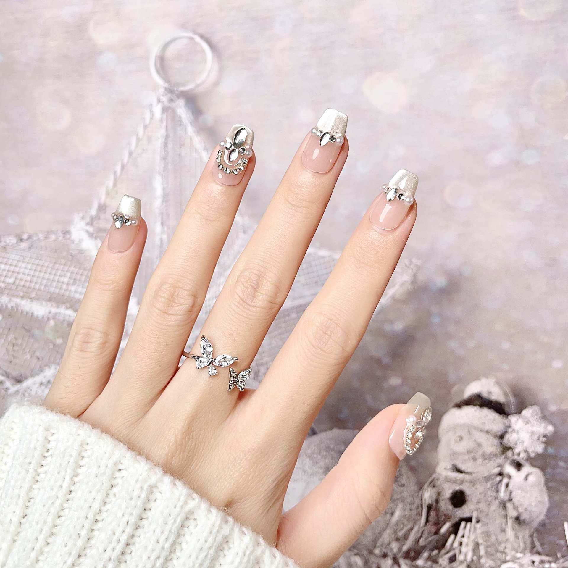 Unidad de uñas de polvo de brillo francés 10 piezas de parche de uñas de fototerapia de código decimal, uñas de ojo de gato hechas a mano