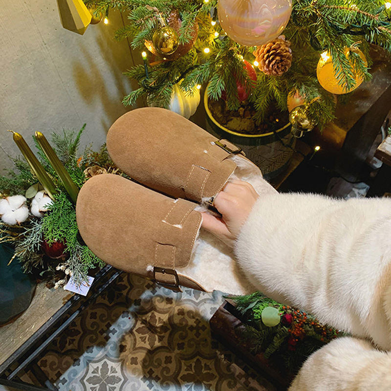 Zapatos de cuero genuino para mujer, zapatos de felpa cálidos de suela gruesa con todo incluido vintage, mocasines deslizantes