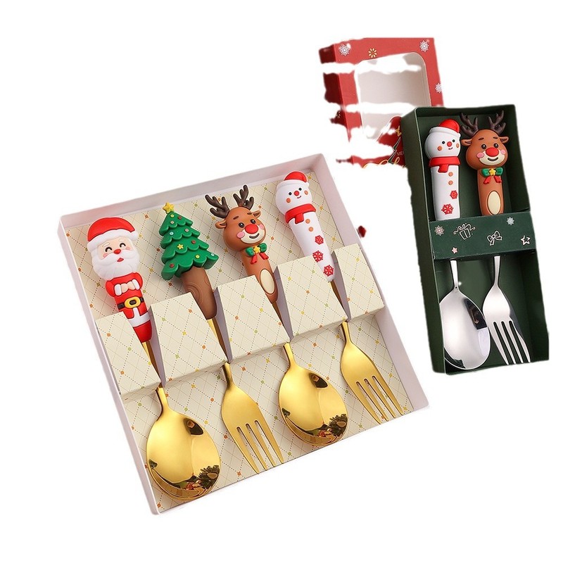 新しいクリスマス人形スプーンとフォークかわいい楽しいサンタクロースクリスマスツリーゴールデンクリスマスフォークとスプーン食器セット|undefined