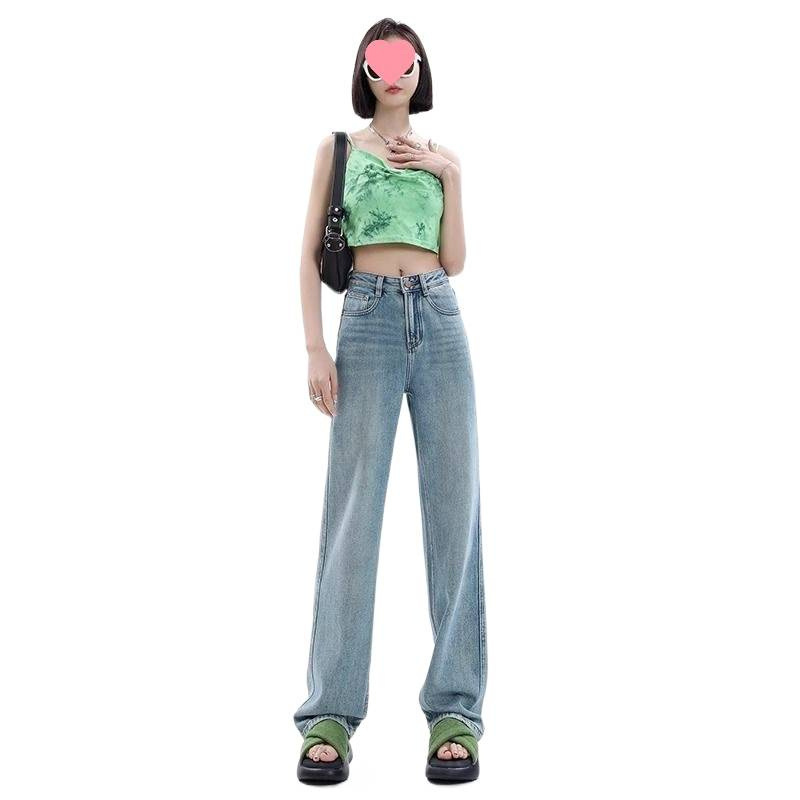 秋季爆款窄版阔腿牛仔裤女2025新款高腰显瘦浅色小个子直筒拖地裤|undefined