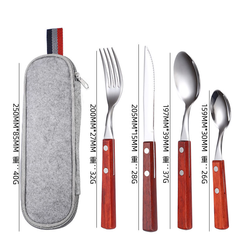 Cuchillo, tenedor y cuchara con mango de madera de acero inoxidable 304, restaurante occidental, bistec, cuchillo, tenedor y cuchara, juego de vajilla portátil de viaje, fuente transfronteriza
