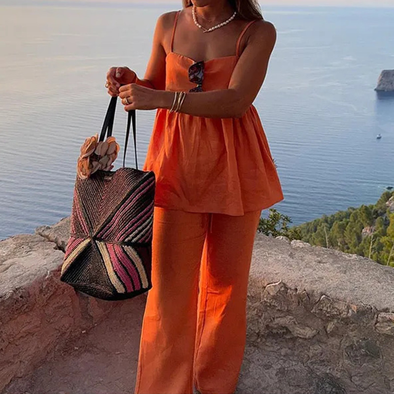 2026 Spring European And American Cross-Border Women's Fashion Elegant Commuting Long Pants Solid Color Camisole Top_ecoleips.com