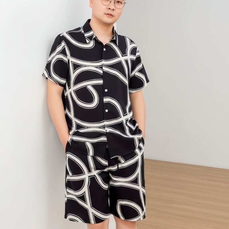 Summer Thin Printed Men's Shirt Loose Ice-Feel Elephant Beach Suit Silk-Like Soft Home Wear for Men