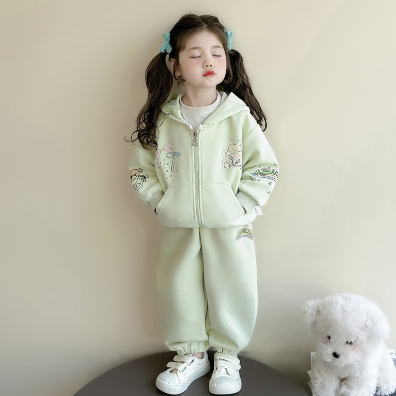 女童秋季套装2025新款洋气儿童女宝宝卡通印花连帽卫衣秋装两件套|undefined
