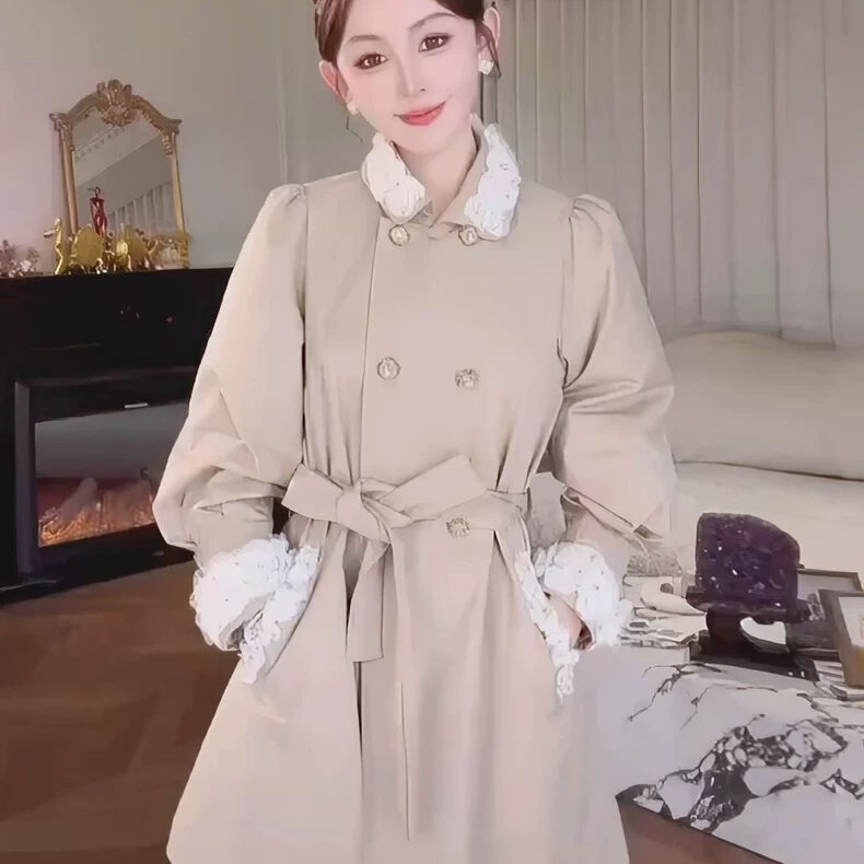 French-Style Romantic Sweet Puff Sleeve Mid-Length Trench Coat for Women, Autumn Petite Waist-Cinching Tie Fashion Coat