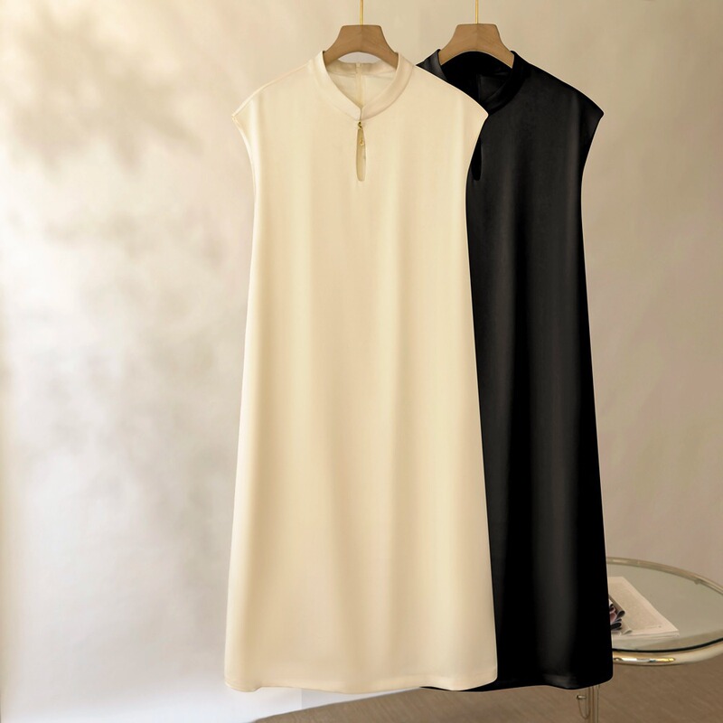 Endi Vintage New Chinese Cheongsam A- shaped dress Summer Loose Elegant Dosing Acetic Acid Straight Skirt Mid-length