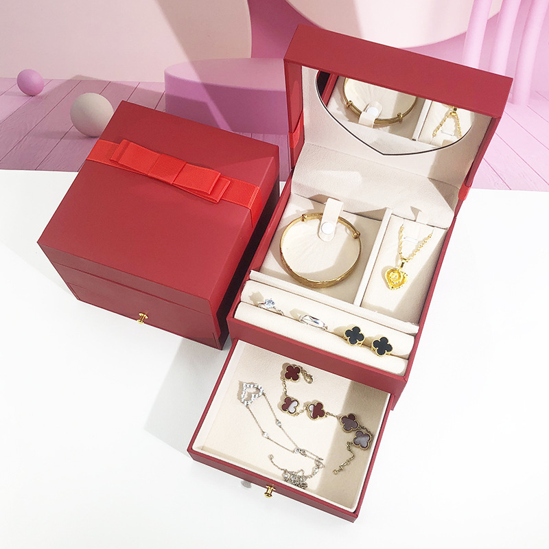 珠宝小首饰箱婚庆三金首饰盒对开带镜子包装盒品牌现货一箱起发