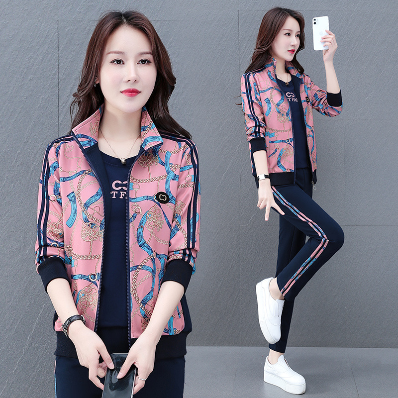 Middle-Aged and Elderly Mothers' Fashionable Sports Clothes, Women's Tops and Jackets, Spring & Fall Middle-Aged Cotton Casual Three-Piece Suits