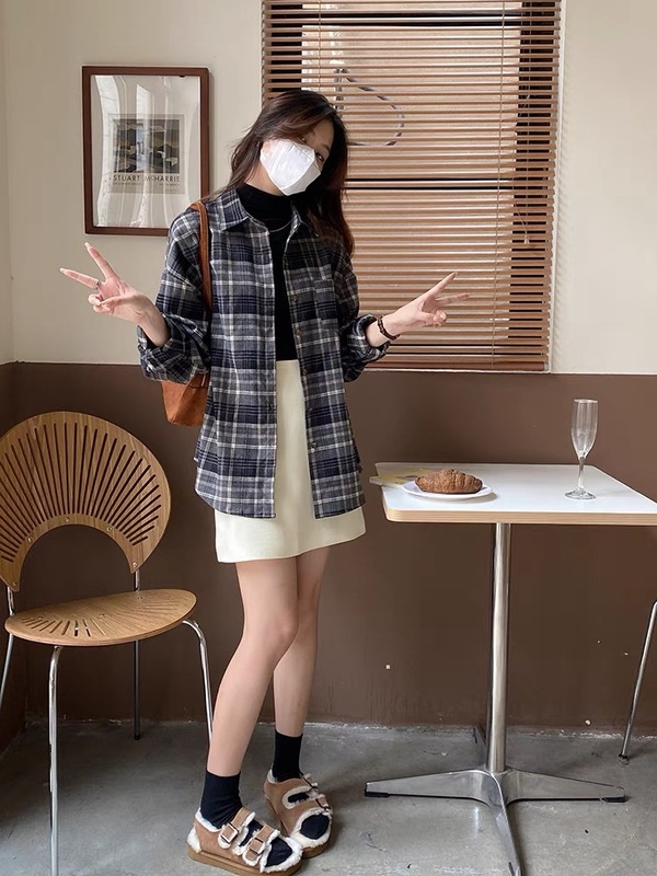 中性简单复古格纹翻领衬衫宽松百搭随性外套休闲长袖上衣ZSK|undefined