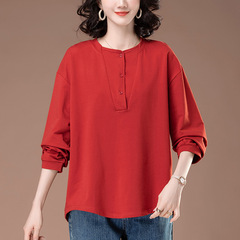 中年のお母さんの長袖のtシャツ春秋の新型の大きいサイズの婦人服のゆったりした純綿はお腹を遮って底のシャツの6322を着ます。