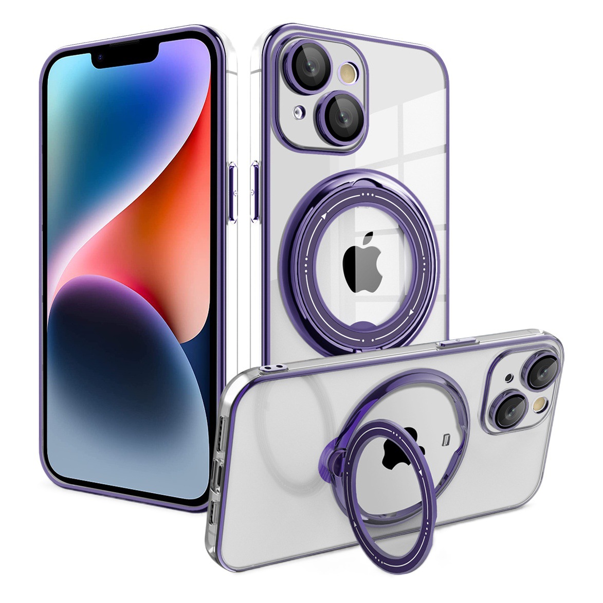 Funda Protectora para iPhone 16 con Soporte Giratorio, Funda Magnética Transparente Galvanizada para Apple 15 Pro, Protección de Lente 3 en 1 para iPhone 14