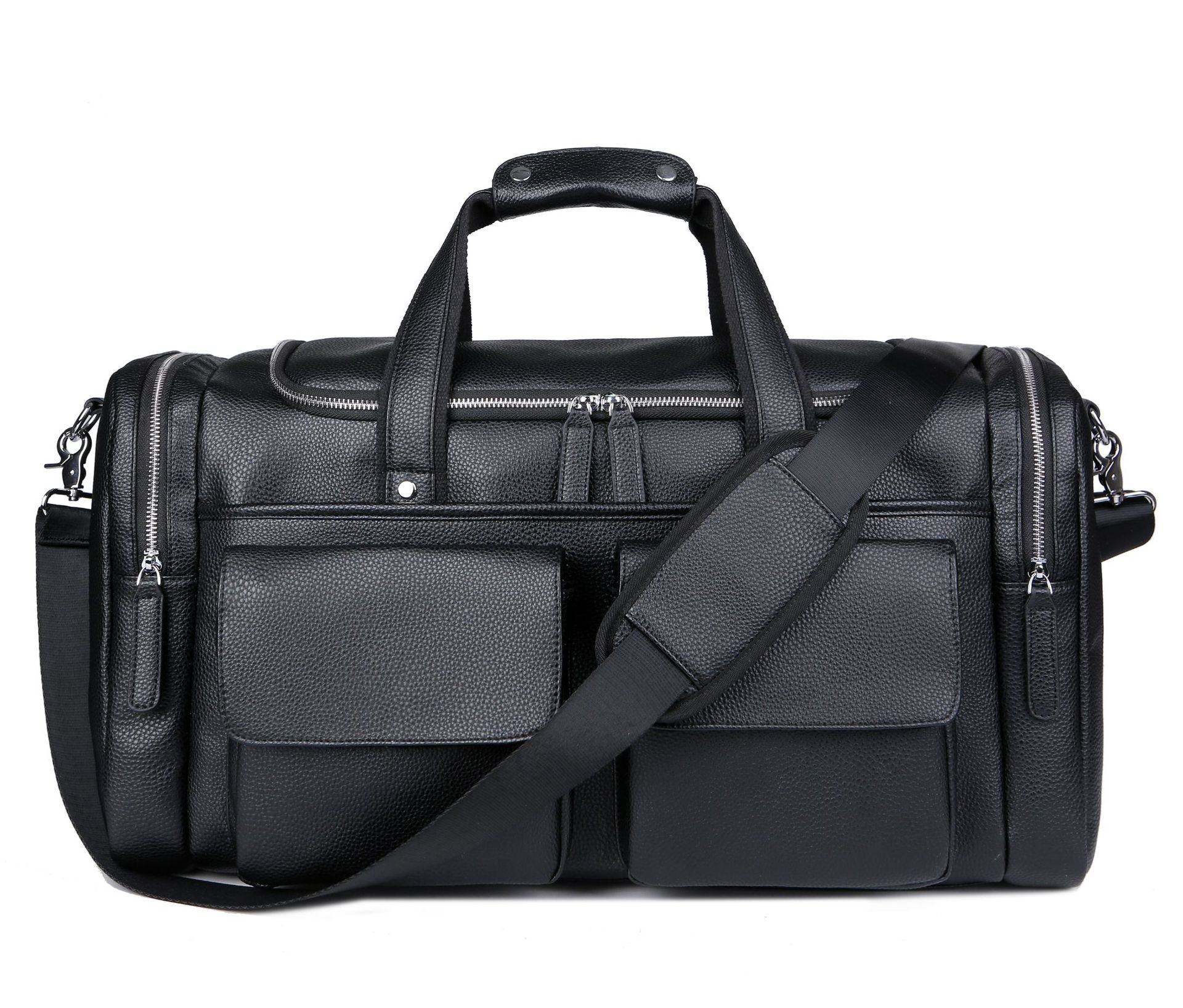 男士休闲旅行包大容量荔枝纹手提包单肩斜跨圆筒行李包皮质健身包