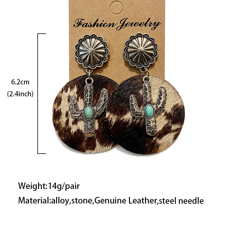 10g Weight 1 Pair Bohemian Cactus Alloy Leather Inlay Turquoise Women's Drop Earrings