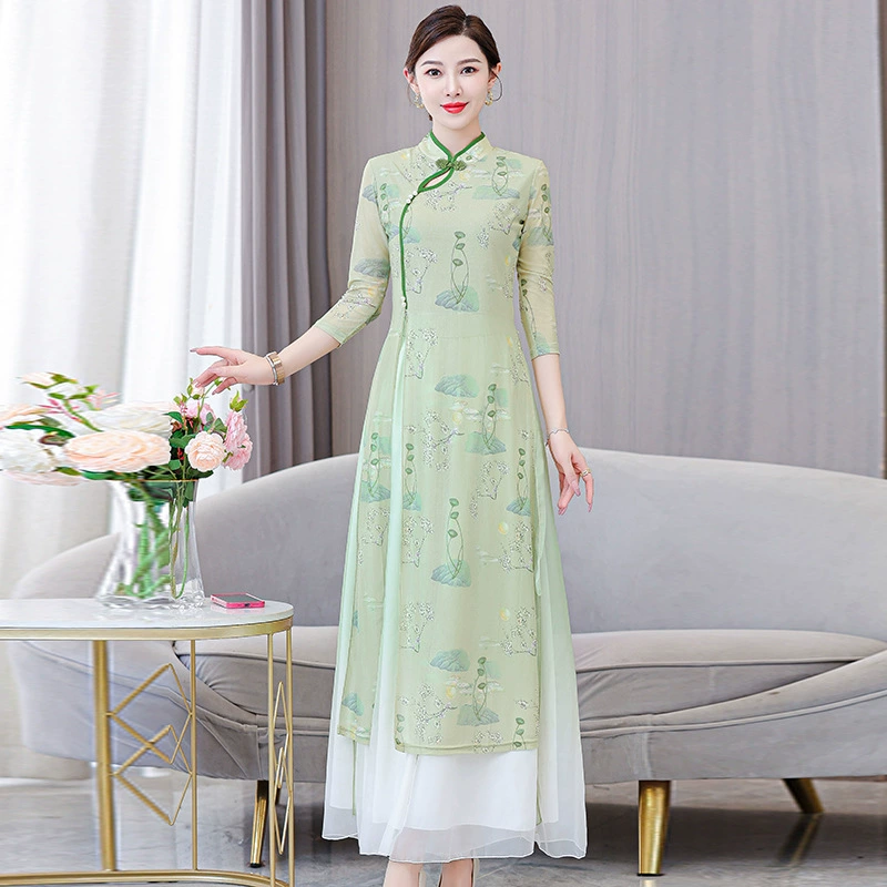 Улучшенный тренировочный костюм Aodai Cheongsam Классический танцевальный костюм Китайский стиль с принтом Танцы Специальный костюм для выступлений Рифма тела Сосуд Одежда