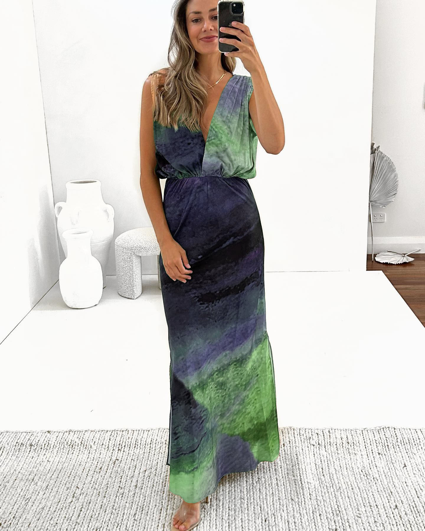 Women's A-line Skirt Fashion V Neck Backless Sleeveless Tie Dye Maxi Long Dress Daily display picture 4